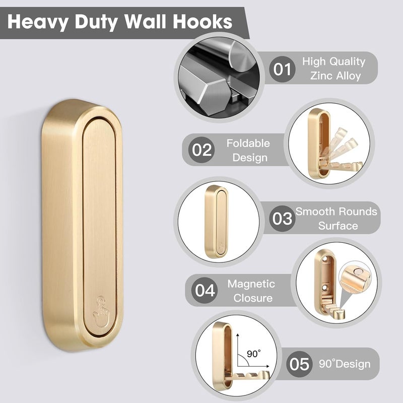 Dntorx Folding Wall Hooks, 4 Pcs Foldable Gold Coat Hooks Heavy Duty Foldable Hook Bathroom Towel Hooks Robe Hooks Wall Mounted for Hanging Coat Towels Clothes Hat Bags Keys - Image 3